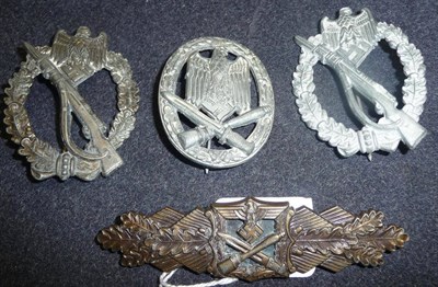 Lot 155 - Four German Third Reich Badges, comprising:- a General Assault badge in silver; a Close Combat...