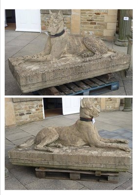 Lot 1106 - A Pair of Composite Stone Kingsale Hounds, with bronze collars, 172.5cm by 73.5cm by 96.5cm