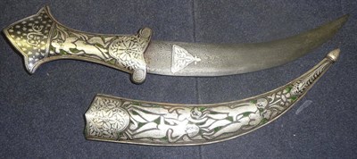 Lot 293 - An Indian Dagger, with 20cm double edge curved damascened steel blade, the green plush lined...