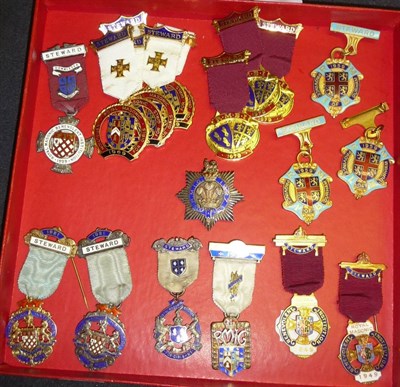 Lot 36 - A Collection of Five Silver Gilt and Enamel Masonic Charity Breast Jewels and a Badge,...