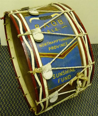 Lot 40 - A Royal Antedeluvian Order of Buffaloes Bass Drum, with red, white and black painted wood...