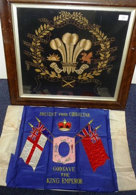 Lot 50 - A Soldier's Embroidered Panel, worked with the crest of the Tenth Royal Hussars, with battle...