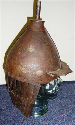 Lot 87 - A 16th Century Style Chinese Steel Helmet, the semi ovoid skull inlaid with silver mons and...