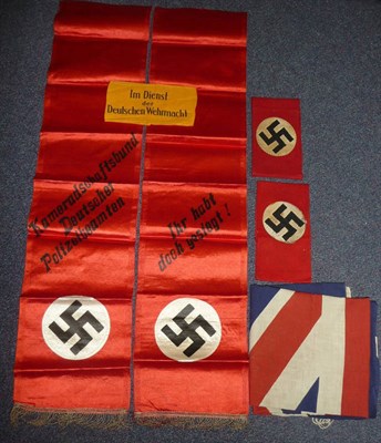 Lot 115 - Two German Third Reich NSDAP Red Wool Armbands, with appliqued black gros grain swastika on a white