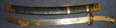 Lot 138 - A Chinese Sword, the 58cm broad curved steel blade with two narrow fullers to each side, with brass