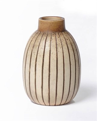 Lot 1136 - A Martin Brothers Stoneware Gourd Vase, incised with vertical ribs, in creamy grey and brown glaze