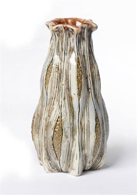 Lot 1137 - A Martin Brothers Stoneware Gourd Vase, carved with sheaths of corn, in creamy grey and green/brown