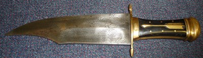 Lot 186 - A Bowie Knife, with clip point damascened steel blade, brass hilt with two piece horn grip...