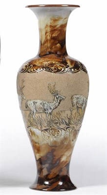 Lot 1139 - A Doulton Lambeth Stoneware Vase, by Hannah Barlow, scrafito decoration with stags in long...