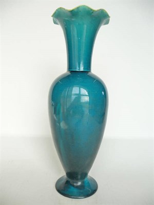 Lot 1146 - A Linthorpe Pottery Vase, shape No.2219, with frilly rim, turquoise and yellow glaze, impressed...