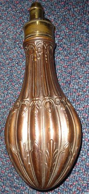 Lot 279 - A Copper Powder Flask by G & J W Hawksley, of foliate embossed deep fluted pear shape, with...