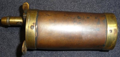 Lot 293 - A Copper Combination Flask, of tapering oval section, with brass mounts, charger and hinged and...