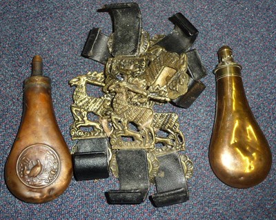 Lot - TEN BRASS AND COPPER POWDER FLASKS, Dixon & Son in the shape