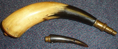 Lot 296 - A 19th Century Powder Horn, with turned mahogany stopper and brass charger, 31cm, together with...