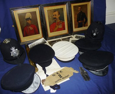 Lot 43 - Militaria, including a set of three framed military prints, ephemera, photographs, two Police...