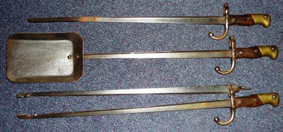 Lot 70 - A French "Gras" Bayonet Three Piece Fire Companion Set, comprising a poker, pair of ember tongs and