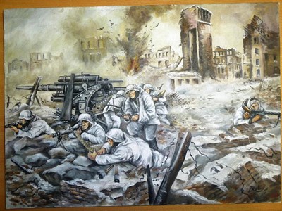 Lot 99 - E Bart " Stalingrad", battle scene with the German artillery, signed, unframed oil on canvas,...