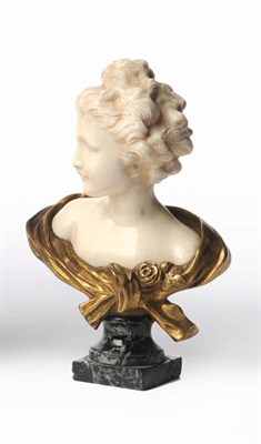 Lot 1175 - Agathon Leonard (1841-1923): A Gilt Bronze and Ivory Bust, carved with a young woman wearing a...