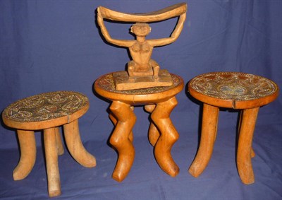 Lot 185 - A Kamba, East Africa Wood Stool, the dished circular seat inlaid with concentric bands of...