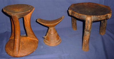 Lot 186 - A West African Wood Stool, with shallow dished circular seat, the edge with raised blocks, on three