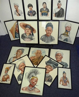 Lot 191 - A Set of Sixteen Watercolour Portrait Sketches by Yatanabon MgSu, depicting Asian tribesmen and...