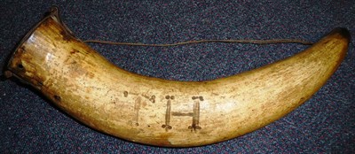 Lot 225 - An 18th Century Powder Horn, the body impressed with the initials T H, one end with hinged and...