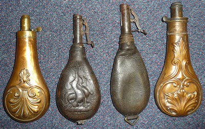 Lot 228 - A Copper Powder Flask by G & J W Hawksley, embossed with anthemion, with brass charger and...