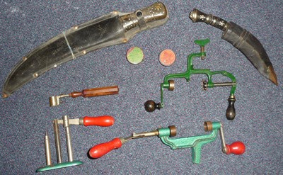 Lot 229 - Four Pierces of French 12 Bore Cartridge Reloading Equipment, comprising two roll turnover tools, a