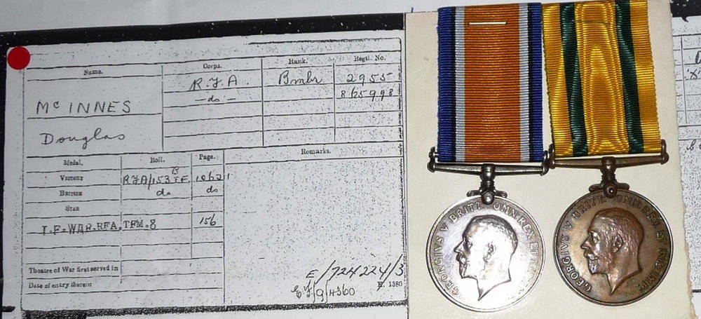 Lot 39 - A First World War Pair, to 2955 (865998) BMBR.D.MC INNES. R.A., comprising British War Medal...