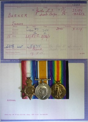 Lot 40 - A First World War Trio, to 22184 (later 3558) PTE.J.BARKER. YORKS.L.I., comprising 1914-15...