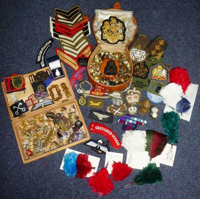 Lot 88 - A Collection of Militaria, comprising rank badges, shoulder titles, buttons, feather hackles, cloth