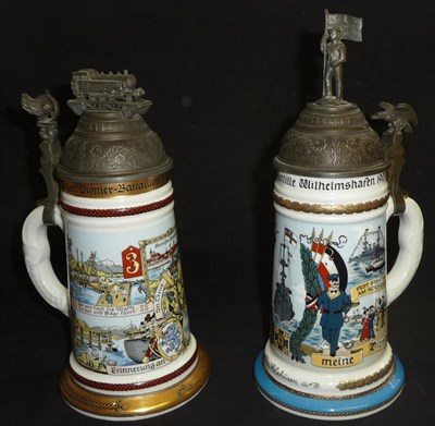 Lot 106 - A German Porcelain Naval Beerstein, printed and painted with scenes related to the...
