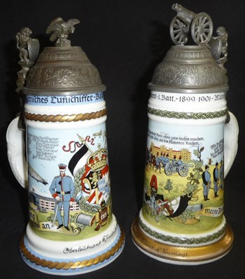 Lot 108 - A German Porcelain Artillery Regimental Beerstein, printed and painted with scenes related to...
