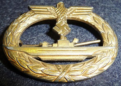 Lot 143 - A German Third Reich U-Boat War Badge: First Type, Variation, in gilt metal with solid...