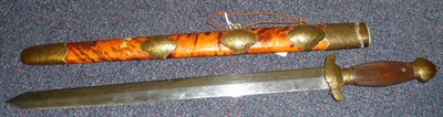 Lot 176 - A 19th Century Chinese Sword, with plain 43cm double edge steel blade, brass hilt with mon and...