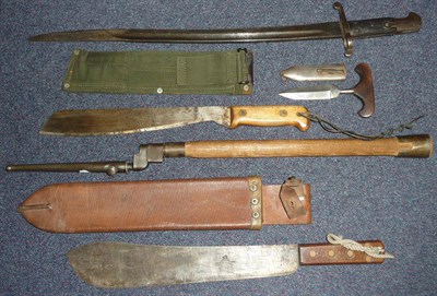 Lot 207 - A British Pattern 1856 "2-Band" Enfield Sword Bayonet, lacks scabbard; a 1942 "Endure" Machete,...