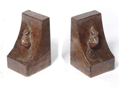 Lot 1207 - A Pair of Robert "Mouseman" Thompson Burr Oak Bookends, each with a single carved mouse, 15cm (good