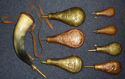 Lot 337 - A Copper Pistol Flask, with brass charger, six replica US copper powder flasks and a powder...