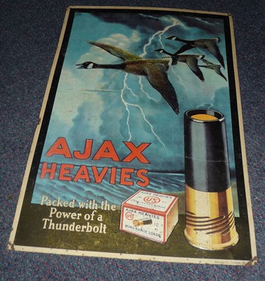 Lot 344 - An American Printed Tin `Ajax Heavies' Shotgun Cartridge Advertising Sign, of vertical...