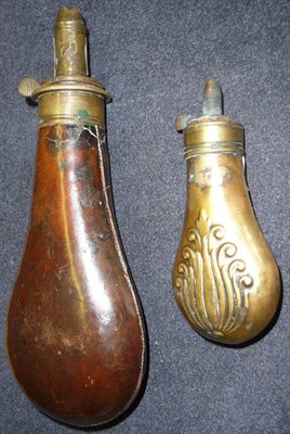 Lot 348 - A Sykes Leather Covered Powder Flask, of pear shape, with brass charger and steel spring,...