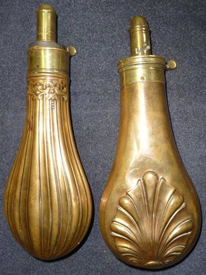 Lot 349 - A Copper Powder Flask by G & J W Hawkesley, of fluted pear shape, with brass mount and charger,...