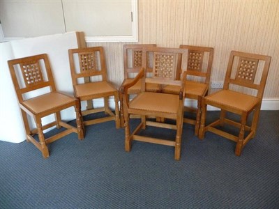 Lot 1221 - A Set of Six (5+1) Robert "Mouseman" Thompson Oak Lattice Back Chairs, on octagonal front legs,...