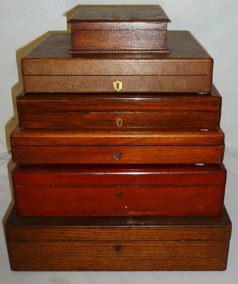 Lot 357 - Six Wood Boxes, suitable for conversion to pistol cases, comprising one in walnut, three oak,...