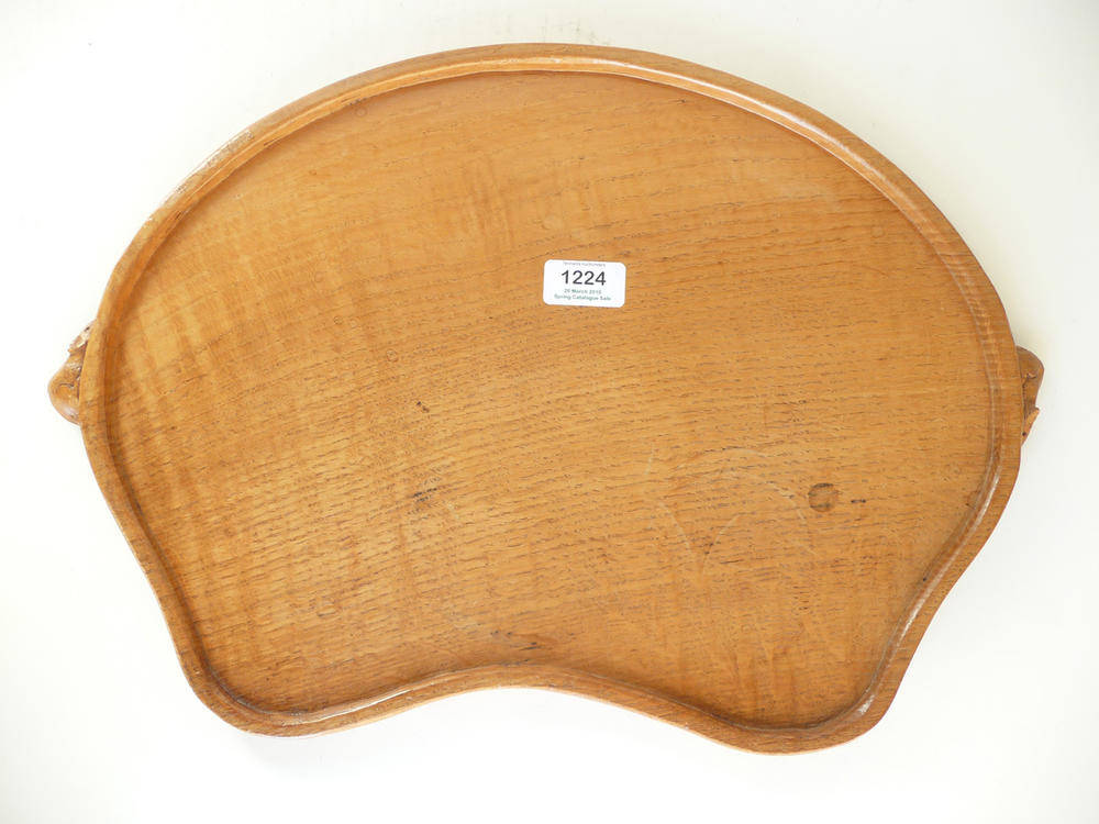 Lot 1224 - A Robert "Mouseman" Thompson Oak Kidney Tea Tray, with two mice handles, 48cm across