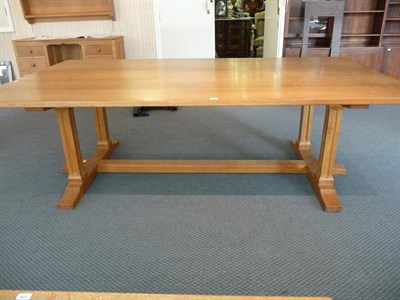 Lot 1232 - A Robert "Mouseman" Thompson 7'8 Oak Boardroom Table, on four shaped legs, joined by a stretcher at