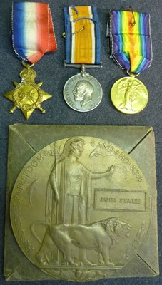 Lot 14 - A First World War Trio and Memorial Plaque, awarded to 11182 PTE.J.SWAILES, K.O.SCO:BORD:,...