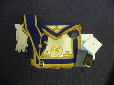 Lot 59 - A Quantity of Mark Mason's Regalia, comprising four aprons, two neck sashes with gilt metal and...