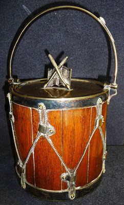 Lot 69 - A Staved Oak and Silver Plated Biscuit Barrel in the form of a Military Drum, the cover with...