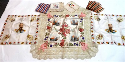 Lot 78 - A First World War Silk Table Cloth, painted and embroidered with the burning churches and buildings