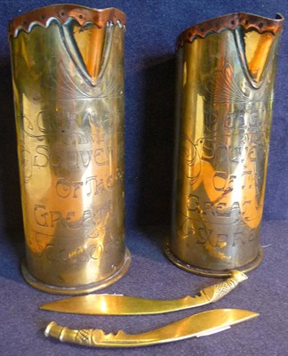 Lot 93 - A Pair of First World War Trench Art Vases, made from brass shell cases, engraved in Art...